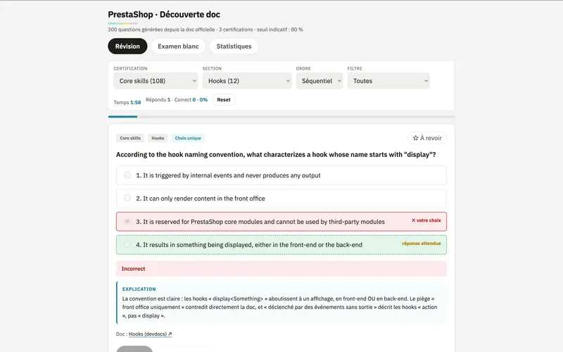 Mode Révision : correction immédiate et explication sourcée depuis la doc officielle
